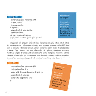 Rendimento:
  ARROZ COLORIDO                                                        16 porções
      4 colheres (sopa) de margarina light
      3 cebolas raladas                                                 Informações
      2 cenouras cozidas                                                nutricionais
                                                                        por porção:
      sal a gosto
                                                                        Calorias: 69 Kcal
      3 xícaras (chá) de arroz cozido                                   Proteínas: 1g
      1 beterraba cozida                                                Carboidratos: 11g
      1/2 maço de espinafre cozido                                      Gorduras: 2g
      queijo parmesão ralado grosso para polvilhar

     Coloque em um refratário uma colher de margarina com uma cebola ralada e leve
  ao microondas por 2 minutos em potência alta. Bata esse refogado no liquidificador
  com as cenouras e tempere com sal. Misture esse creme a uma xícara de arroz cozido
  e reserve. Faça a mesma coisa com a beterraba e o espinafre, reservando separada-
  mente as porções de arroz. Unte um refratário com a margarina restante e alterne
  camadas de cada uma das três cores de arroz. Polvilhe a superfície com o parmesão,
  tampe e leve ao microondas por 6 a 8 minutos. Desenforme antes de servir.


  ARROZ ÁRABE
      2 colheres (sopa) de margarina light                       Rendim
                                                                        en
                                                                 6 porçõ to:
      2 colheres (sopa) de óleo                                         es
      1 xícara (chá) de macarrão cabelo-de-anjo cru             Inform
                                                                        açõ
      2 xícaras (chá) de arroz cru                             nutricio es
                                                                        na
                                                               por por is
      1 colher (chá) de pimenta síria                                  ção:
                                                              Caloria
                                                                      s: 141
      sal                                                     Proteín        kcal
                                                                      as: 2g
                                                             Carboid
                                                                     ratos: 1
                                                             Gordur           8g
                                                                    as: 6g


120
 