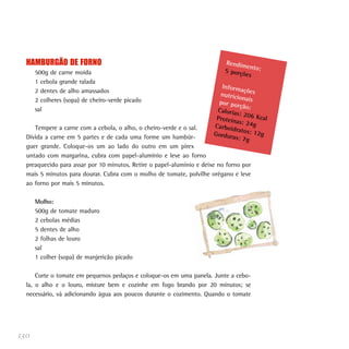 HAMBURGÃO DE FORNO                                                       Rendim
                                                                                  en
      500g de carne moída                                                  5 porçõ to:
                                                                                  es
      1 cebola grande ralada
                                                                          Inform
      2 dentes de alho amassados                                                  açõ
                                                                         nutricio es
                                                                                  na
      2 colheres (sopa) de cheiro-verde picado                           por por is
                                                                                 ção:
      sal                                                               Caloria
                                                                                s: 206
                                                                        Proteín        Kca
                                                                                as: 24g l
     Tempere a carne com a cebola, o alho, o cheiro-verde e o sal.     Carboid
                                                                               ratos: 1
                                                                       Gordur           2g
  Divida a carne em 5 partes e de cada uma forme um hambúr-                   as: 7g
  guer grande. Coloque-os um ao lado do outro em um pirex
  untado com margarina, cubra com papel-alumínio e leve ao forno
  preaquecido para assar por 10 minutos. Retire o papel-alumínio e deixe no forno por
  mais 5 minutos para dourar. Cubra com o molho de tomate, polvilhe orégano e leve
  ao forno por mais 5 minutos.

      Molho:
      500g de tomate maduro
      2 cebolas médias
      5 dentes de alho
      2 folhas de louro
      sal
      1 colher (sopa) de manjericão picado

      Corte o tomate em pequenos pedaços e coloque-os em uma panela. Junte a cebo-
  la, o alho e o louro, misture bem e cozinhe em fogo brando por 20 minutos; se
  necessário, vá adicionando água aos poucos durante o cozimento. Quando o tomate




130
 