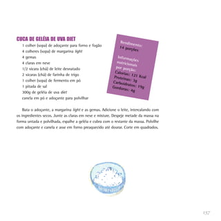 CUCA DE GELÉIA DE UVA DIET                                   Rendim
   1 colher (sopa) de adoçante para forno e fogão                    ento:
                                                             14 por
                                                                    ções
   4 colheres (sopa) de margarina light
   4 gemas                                                  Inform
                                                                    açõ
   4 claras em neve                                        nutricio es
                                                                    na
   1/2 xícara (chá) de leite desnatado                     por por is
                                                                   ção:
                                                          Caloria
   2 xícaras (chá) de farinha de trigo                            s: 121
                                                          Proteín        Kcal
   1 colher (sopa) de fermento em pó                              as: 3g
                                                         Carboid
                                                                 ratos: 1
   1 pitada de sal                                       Gordur           9g
                                                                as: 4g
   300g de geléia de uva diet
   canela em pó e adoçante para polvilhar

    Bata o adoçante, a margarina light e as gemas. Adicione o leite, intercalando com
os ingredientes secos. Junte as claras em neve e misture. Despeje metade da massa na
forma untada e polvilhada, espalhe a geléia e cubra com o restante da massa. Polvilhe
com adoçante e canela e asse em forno preaquecido até dourar. Corte em quadrados.




                                                                                        157
 