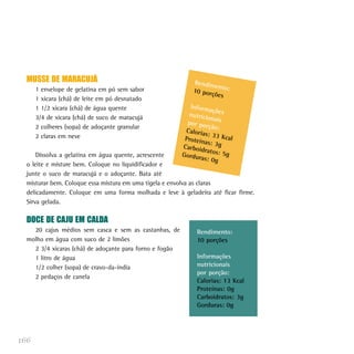 MUSSE DE MARACUJÁ                                          Rendim
                                                                    en
      1 envelope de gelatina em pó sem sabor                 10 porç to:
                                                                    ões
      1 xícara (chá) de leite em pó desnatado
      1 1/2 xícara (chá) de água quente                     Inform
                                                                    açõ
      3/4 de xícara (chá) de suco de maracujá              nutricio es
                                                                    na
                                                           por por is
      2 colheres (sopa) de adoçante granular                       ção:
                                                          Caloria
      2 claras em neve                                            s: 33 K
                                                          Proteín         cal
                                                                  as: 3g
                                                         Carboid
                                                                 ratos: 5
      Dissolva a gelatina em água quente, acrescente     Gordur           g
                                                                as: 0g
  o leite e misture bem. Coloque no liquidificador e
  junte o suco de maracujá e o adoçante. Bata até
  misturar bem. Coloque essa mistura em uma tigela e envolva as claras
  delicadamente. Coloque em uma forma molhada e leve à geladeira até ficar firme.
  Sirva gelada.

  DOCE DE CAJU EM CALDA
    20 cajus médios sem casca e sem as castanhas, de           Rendimento:
  molho em água com suco de 2 limões                           10 porções
    2 3/4 xícaras (chá) de adoçante para forno e fogão
    1 litro de água                                            Informações
    1/2 colher (sopa) de cravo-da-índia                        nutricionais
                                                               por porção:
    2 pedaços de canela
                                                               Calorias: 13 Kcal
                                                               Proteínas: 0g
                                                               Carboidratos: 3g
                                                               Gorduras: 0g




166
 