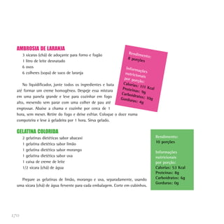 AMBROSIA DE LARANJA
                                                                Rendim
      3   xícaras (chá) de adoçante para forno e fogão                 en
                                                                8 porçõ to:
      1   litro de leite desnatado                                     es
      6   ovos                                                 Inform
                                                                       açõ
      6   colheres (sopa) de suco de laranja                  nutricio es
                                                                       na
                                                              por por is
                                                                      ção:
      No liquidificador, junte todos os ingredientes e bata  Caloria
                                                                     s: 111
                                                             Proteín        Kcal
  até formar um creme homogêneo. Despeje essa mistura                as: 9g
                                                            Carboid
  em uma panela grande e leve para cozinhar em fogo                 ratos: 1
                                                            Gordur          0g
  alto, mexendo sem parar com uma colher de pau até                as: 4g
  engrossar. Abaixe a chama e cozinhe por cerca de 1
  hora, sem mexer. Retire do fogo e deixe esfriar. Coloque o doce numa
  compoteira e leve à geladeira por 1 hora. Sirva gelado.

  GELATINA COLORIDA
      2 gelatinas dietéticas sabor abacaxi                                         Rendimento:
      1 gelatina dietética sabor limão                                             10 porções
      1 gelatina dietética sabor morango
                                                                                   Informações
      1 gelatina dietética sabor uva                                               nutricionais
      1 caixa de creme de leite                                                    por porção:
      1/2 xícara (chá) de água                                                     Calorias: 53 Kcal
                                                                                   Proteínas: 8g
    Prepare as gelatinas de limão, morango e uva, separadamente, usando            Carboidratos: 6g
                                                                                   Gorduras: 0g
  uma xícara (chá) de água fervente para cada embalagem. Corte em cubinhos.




170
 