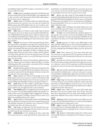 most difficult subject of all (Para alguns, a matemática é a maté-
ria mais difícil de todas)
{83} to like /gostar, semelhante, parecido/ [1] I like him a lot
(Eu gosto muito dele) [2] He is like his father, very impatient (Ele
é como o pai dele, muito impaciente) [3] It is like I said, impossi-
ble (É como eu disse, impossível)
{84} before /antes/ [1] I’d like to talk to you before the mee-
ting (Eu gostaria de conversar com você antes da reunião) [2]
Before you go, turn off the lights (Antes de você ir embora, apa-
gue as luzes) [3] You should have seen him before (Você deveria
tê-lo visitado antes)
{85} little /pouco/ [1] There is only a little water in the jar
(Tem apenas um pouco de água na jarra) [2] He made little mo-
ney in that business (Ele ganhou pouco dinheiro naquele negó-
cio) [3] Where are the little ones? (Onde estão as crianças?) [4] I
have very little time for studying (Eu tenho muito pouco tempo
para estudar)
{86} himself /ele mesmo/ [1] He presented himself with a
new house (Ele se presenteou com uma nova casa) [2] He cut
himself while shaving (Ele se cortou barbeando) [3] He said he
will do it by himself (Ele disse que ele mesmo iria fazê-lo)
{87} over /acima, encerrado/ [1] Rain is falling over the
southest region (Está chovendo sobre a região sudeste) [2] He’s
over forty years old (Ele tem mais de quarenta anos) [3] Look
over the fence (Olhe por sobre a cerca) [4] The show is over (O
show está encerrado)
{88} without /sem, fora/ [1] I arrived here without any mo-
ney (Eu cheguei aqui sem dinheiro algum) [2] She is a woman
without passion (Ela é uma mulher sem paixão) [3] It is raining
without (Está chovendo lá fora)
{89} to own /possuir, próprio/ [1] He owns a nice house (Ele
possui uma bela casa) [2] He has his own business (Ele possui o
seu próprio negócio) [3] I saw the disaster with my own eyes (Eu
vi o desastre com meus próprios olhos)
{90} those /aqueles/ [1] Those are the people I saw at the
bank (Aquelas são as pessoas que vi no banco) [2] Those are the
books I wanted to buy (Aqueles são os livros que eu queria com-
prar)[3]Wherearethoseidiots? (Ondeestãoaquelesidiotas?)
{91} good /bom/ [1] The weather is good today (O tempo
está bom hoje) [2] She is a good woman (Ela é uma boa mulher)
[3] It’s good to see you again (É bom vê-la novamente)
{92} may/might /poder/ [1] I might do it for you (Eu poderia
fazer isto para você) [2] This medicine might cure you (Este re-
médio podeá curá-lo) [3] Might I make a suggestion? (Eu pode-
ria fazer uma sugestão?) [4] May I come in? (Posso entrar?) [5]
May I say something (Posso dizer algo?)
{93} men /homens/ [1] Thousands of men were killed during
that war (Milhares de homens foram mortos naquela guerra) [2]
The problem with men (O problema com os homens) [3] They
are worthy men (Eles são homens de valor)
{94} can /poder, ser capaz de/ [1] I can swim (Eu posso na-
dar) [2] I can speak five languages (Eu posso falar cinco idio-
mas) [3] I can see now (Eu posso ver agora)
{95} shall/should [1] You should never have come here
(Você nunca deveria ter vindo aqui) [2] If you want to pass your
examination, you should study harder (Se você quiser passar em
seus exames você deveria estudar mais) [3] You should be nice
to your mother (Você deveria ser gentil com sua mãe)
{96} do (do, did, done) /fazer/ [1] I do nothing (Eu não faço
nada) [2] I did nothing about that (Eu não fiz nada a respeito da-
quilo) [2] I did what you asked me to (Eu fiz o que você me pediu)
[3] Did you see my mother? (Você viu a minha mãe?) [4] Did you
do your homework? (Você fez o seu dever de casa?) [5] I have
done it all (Eu fiz tudo)
{97} where /onde/ [1] Where is my book? (Onde está o meu
livro?) [2] Where are you? (Onde você está?) [3] I don’t know
where to go now (Eu não sei para onde ir agora)
{98} to come /vir/ [1] Come here for a moment, please (Ve-
nha aqui por um instante, por favor) [2] Sunday comes before
Monday (O domingo vem antes da Segunda) [3] Where do you
come from? (De onde você é?) [4] I come from Minas (Eu venho
de Minas)
{99} people /pessoas/ [1] There were 5000 people at the
show (Haviam 5000 pessoas no show) [2] Some people are very
difficult to live with (É difícil se conviver com algumas pessoas)
[3] Lots of people like the Beatles (Muitas pessoas gostam dos
beatles)
{100} must /deve, precisa/ [1] You must come here now
(Você tem que vir aqui agora) [2] You must not visit her (Você
não pode visitá-la) [3] You must do as I tell you (Você deve fazer
o que eu lhe digo)
{101} us /a nós, nos/ [1] Give us the results (Nos dê os resulta-
dos) [2] Any time you want, come and visit us (Quando você qui-
ser, venha nos visitar) [3] You must give us all the information
we need (Você precisa nos dar toda a informação que necessita-
mos)
{102} day /dia/ [1] She worked day and night for years to be-
come rich (Ela trabalhou dia e noite por anos para se tornar
rica) [2] What a wonderful day! (Que dia maravilhoso!) [3] This
isthehappiestdayof myentirelife (Esteéodiamaisfelizdetoda
a minha vida)
{103} long /longo/ [1] You are a long way from home (Você
está muito longe de casa) [2] How long does it take to go from
your house to school? (Quanto tempo leva para você ir da sua
casa para a escola?) [3] How long is the Amazon river? (Qual o
comprimento do Rio Amazonas?)
{104} much /mais, muito/ [1] You must study much more
than that (Você precisa estudar muito mais do que isto) [2] I
don’t have much money (Eu não tenho muito dinheiro) [3] It is
much more difficult to see it now (É muito mais difícil ver isto
agora)
{105} down/para baixo/ [1] Look down now (Olhe para bai-
xo agora) [2] Go down the hill (Desça a colina) [3] The tempera-
ture has gone down (A temperatura caiu)
{106} same /o mesmo/ [1] It is the same dog (É o mesmo ca-
chorro) [2] For me it is the same thing (Para mim é a mesma coi-
sa) [3] Speak the same to all people (Fale a mesma coisa para
todas as pessoas)
{107} Mr /Senhor/ [1] Mr Smith is back (O Sr. Smith está de
volta) [2] Mr Johnson is a bad person (O Sr Johnson é uma pes-
soa ruim)
8 © Rubens Queiroz de Almeida
queiroz@unicamp.br
English For Reading
 