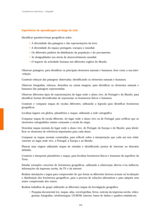 Competências Específicas – Geografia




Experiências de aprendizagem ao longo do ciclo

Identificar questões/temas geográficos sobre:

        • A diversidade das paisagens e das representações da terra.
        • A diversidade do espaço português, europeu e mundial.
        • Os diferentes padrões da distribuição da população e do povoamento.
        • As desigualdades nos níveis de desenvolvimento mundial.
        • O impacte da actividade humana nas diferentes regiões do Mundo.


Observar paisagens, para identificar os principais elementos naturais e humanos, bem como a sua inter-
-relação.

Construir esboços das paisagens observadas, identificando os elementos naturais e humanos.

Observar fotografias, esboços, desenhos ou outras imagens, para identificar os elementos naturais e
humanos das paisagens representadas.

Observar diferentes tipos de representações do lugar onde o aluno vive, de Portugal e do Mundo, para
identificar formas diversificadas de representar os fenómenos físicos e humanos.

Construir e comparar mapas de escalas diferentes, utilizando a legenda para identificar fenómenos
geográficos.

Localizar lugares em globos, planisférios e mapas, utilizando a rede cartográfica.

Comparar mapas de escala diferente, do lugar onde o aluno vive ou de Portugal, para verificar que os
elementos cartografados variam consoante a escala do mapa.

Desenhar mapas mentais do lugar onde o aluno vive, de Portugal, da Europa e do Mundo, para identi-
ficar os elementos de referência importantes para cada aluno.

Comparar os mapas mentais construídos, para reflectir sobre a interpretação que cada um tem relati-
vamente ao lugar onde vive, a Portugal, à Europa e ao Mundo.

Planear uma viagem utilizando mapas de estradas e identificando pontos de interesse no itinerário
definido.

Construir e interpretar planisférios e mapas, para localizar fenómenos físicos e humanos da superfície da
Terra.

Estudar exemplos concretos de fenómenos geográficos, utilizando a observação directa e/ou indirecta,
informações da imprensa escrita, da TV e da internet.

Realizar simulações e jogos para compreender de que forma os diferentes factores actuam na localização
e distribuição dos fenómenos geográficos, para a procura de soluções alternativas e para adquirir uma
maior compreensão dos outros.

Realizar trabalhos de grupo utilizando as diferentes etapas da investigação geográfica:
        • Pesquisa documental (ex. mapas, atlas, enciclopédias, livros, notícias da imprensa escrita, video-
          gramas, fotografias, ortofotomapas, CD-ROM, internet, bases de dados e quadros estatísticos);


                                                     124
 