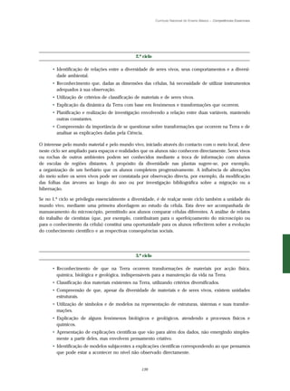 Currículo Nacional do Ensino Básico – Competências Essenciais




                                                 2.º ciclo

      • Identificação de relações entre a diversidade de seres vivos, seus comportamentos e a diversi-
        dade ambiental.
      • Reconhecimento que, dadas as dimensões das células, há necessidade de utilizar instrumentos
        adequados à sua observação.
      • Utilização de critérios de classificação de materiais e de seres vivos.
      • Explicação da dinâmica da Terra com base em fenómenos e transformações que ocorrem.
      • Planificação e realização de investigação envolvendo a relação entre duas variáveis, mantendo
        outras constantes.
      • Compreensão da importância de se questionar sobre transformações que ocorrem na Terra e de
        analisar as explicações dadas pela Ciência.

O interesse pelo mundo material e pelo mundo vivo, iniciado através do contacto com o meio local, deve
neste ciclo ser ampliado para espaços e realidades que os alunos não conhecem directamente. Seres vivos
ou rochas de outros ambientes podem ser conhecidos mediante a troca de informação com alunos
de escolas de regiões distantes. A propósito da diversidade nas plantas sugere-se, por exemplo,
a organização de um herbário que os alunos completem progressivamente. A influência de alterações
do meio sobre os seres vivos pode ser constatada por observação directa, por exemplo, da modificação
das folhas das árvores ao longo do ano ou por investigação bibliográfica sobre a migração ou a
hibernação.

Se no 1.º ciclo se privilegia essencialmente a diversidade, é de realçar neste ciclo também a unidade do
mundo vivo, mediante uma primeira abordagem ao estudo da célula. Esta deve ser acompanhada de
manuseamento do microscópio, permitindo aos alunos comparar células diferentes. A análise de relatos
do trabalho de cientistas (que, por exemplo, contribuíram para o aperfeiçoamento do microscópio ou
para o conhecimento da célula) constitui uma oportunidade para os alunos reflectirem sobre a evolução
do conhecimento científico e as respectivas consequências sociais.




                                                 3.º ciclo

      • Reconhecimento de que na Terra ocorrem transformações de materiais por acção física,
        química, biológica e geológica, indispensáveis para a manutenção da vida na Terra.
      • Classificação dos materiais existentes na Terra, utilizando critérios diversificados.
      • Compreensão de que, apesar da diversidade de materiais e de seres vivos, existem unidades
        estruturais.
      • Utilização de símbolos e de modelos na representação de estruturas, sistemas e suas transfor-
        mações.
      • Explicação de alguns fenómenos biológicos e geológicos, atendendo a processos físicos e
        químicos.
      • Apresentação de explicações científicas que vão para além dos dados, não emergindo simples-
        mente a partir deles, mas envolvem pensamento criativo.
      • Identificação de modelos subjacentes a explicações científicas correspondendo ao que pensamos
        que pode estar a acontecer no nível não observado directamente.


                                                    139
 