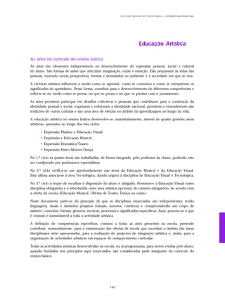 Currículo Nacional do Ensino Básico – Competências Essenciais




                                                                          Educação Artística

As artes no currículo do ensino básico
As artes são elementos indispensáveis no desenvolvimento da expressão pessoal, social e cultural
do aluno. São formas de saber que articulam imaginação, razão e emoção. Elas perpassam as vidas das
pessoas, trazendo novas perspectivas, formas e densidades ao ambiente e à sociedade em que se vive.

A vivência artística influencia o modo como se aprende, como se comunica e como se interpretam os
significados do quotidiano. Desta forma, contribui para o desenvolvimento de diferentes competências e
reflecte-se no modo como se pensa, no que se pensa e no que se produz com o pensamento.

As artes permitem participar em desafios colectivos e pessoais que contribuem para a construção da
identidade pessoal e social, exprimem e enformam a identidade nacional, permitem o entendimento das
tradições de outras culturas e são uma área de eleição no âmbito da aprendizagem ao longo da vida.

A educação artística no ensino básico desenvolve-se, maioritariamente, através de quatro grandes áreas
artísticas, presentes ao longo dos três ciclos:

      • Expressão Plástica e Educação Visual;
      • Expressão e Educação Musical;
      • Expressão Dramática/Teatro;
      • Expressão Físico-Motora/Dança.

No 1.º ciclo as quatro áreas são trabalhadas, de forma integrada, pelo professor da classe, podendo este
ser coadjuvado por professores especialistas.

No 2.º ciclo verifica-se um aprofundamento nas áreas da Educação Musical e da Educação Visual.
Esta última associa-se à área Tecnológica, dando origem à disciplina de Educação Visual e Tecnológica.

No 3.º ciclo o leque de escolhas à disposição do aluno é alargado. Permanece a Educação Visual como
disciplina obrigatória e é introduzida outra área artística opcional, de carácter obrigatório, de acordo com
a oferta da escola (Educação Musical, Oficina de Teatro, Dança ou outra.)

Neste documento parte-se do princípio de que as disciplinas enunciadas são independentes, tendo
linguagens, sinais e símbolos próprios (visuais, sonoros, cinéticos) e compreendendo um corpo de
saberes, conceitos, formas, géneros, técnicas, processos e significados específicos. Aqui, procura-se o que
é comum e transmissível a toda a actividade artística.

A definição de competências específicas, comuns a todas as artes presentes na escola, pretende
contribuir, nomeadamente, para a estruturação das ofertas de escola que excedam o âmbito das áreas
disciplinares atrás apresentadas, para a realização de projectos de integração artística e, ainda, para a
organização de actividades artísticas em espaços de enriquecimento curricular.

Todas as actividades artísticas desenvolvidas na escola, ou aí programadas, para serem vividas pelo aluno,
quando fundadas nos princípios aqui enunciados, são consideradas parte integrante do currículo do
ensino básico.




                                                    149
 