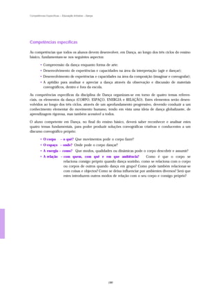 Competências Específicas – Educação Artística – Dança




Competências específicas

As competências que todos os alunos devem desenvolver, em Dança, ao longo dos três ciclos do ensino
básico, fundamentam-se nos seguintes aspectos:

        • Compreensão da dança enquanto forma de arte;
        • Desenvolvimento de experiências e capacidades na área da interpretação (agir e dançar);
        • Desenvolvimento de experiências e capacidades na área da composição (imaginar e coreografar);
        • A aptidão para analisar e apreciar a dança através da observação e discussão de materiais
          coreográficos, dentro e fora da escola.

As competências específicas da disciplina de Dança organizam-se em torno de quatro temas referen-
ciais, os elementos da dança (CORPO, ESPAÇO, ENERGIA e RELAÇÃO). Estes elementos serão desen-
volvidos ao longo dos três ciclos, através de um aprofundamento progressivo, devendo conduzir a um
conhecimento elementar do movimento humano, tendo em vista uma ideia de dança globalizante, de
aprendizagem rigorosa, mas também acessível a todos.

O aluno competente em Dança, no final do ensino básico, deverá saber reconhecer e analisar estes
quatro temas fundamentais, para poder produzir soluções coreográficas criativas e conducentes a um
discurso coreográfico próprio:

        • O corpo        – o quê? Que movimentos pode o corpo fazer?
        • O espaço – onde? Onde pode o corpo dançar?
        • A energia – como? Que modos, qualidades ou dinâmicas pode o corpo descobrir e assumir?
        • A relação – com quem, com quê e em que ambiência?                Como é que o corpo se
                      relaciona consigo próprio quando dança sozinho, como se relaciona com o corpo
                      ou corpos de outros quando dança em grupo? Como pode também relacionar-se
                      com coisas e objectos? Como se deixa influenciar por ambientes diversos? Será que
                      estes introduzem outros modos de relação com o seu corpo e consigo próprio?




                                                        186
 