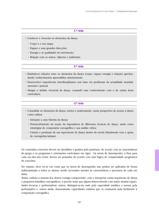 Currículo Nacional do Ensino Básico – Competências Essenciais




                                              1.º ciclo

   • Conhecer e vivenciar os elementos da dança:

     • Corpo e o seu mapa;
     • Espaço e suas grandes direcções;
     • Energia e as qualidades do movimento;
     • Relação com os outros, objectos e ambientes.


                                              2.º ciclo

   • Estabelecer relações entre os elementos da dança (corpo, espaço energia e relação) aprofun-
     dando conhecimentos apreendidos anteriormente.
   • Desenvolver experiências interdisciplinares com base em problemas da actualidade mundial,
     nacional e pessoal.
   • Alargar o âmbito vivencial da dança, cruzando esse conhecimento com o de outras áreas
     curriculares.


                                              3.º ciclo

   • Consolidar os elementos da dança, teórica e praticamente, numa perspectiva de acesso à dança
     como cultura:

     • Iniciação a uma história da dança;
     • Desenvolvimento da noção da importância de diferentes técnicas de dança, assim como
       estratégias de composição coreográfica e sua análise crítica;
     • Criação e produção de um espectáculo de dança dentro da escola (idealmente com o apoio
       de coreógrafos/artistas).




Os conteúdos concretos devem ser decididos e geridos pelo professor, de acordo com as características
do grupo e os programas e orientações curriculares em vigor. Os níveis de desempenho, a fixar para
cada um dos três ciclos, devem ser pensados de acordo com uma lógica de complexidade progressiva
de conceitos.

No entanto, deve ter-se em conta que os níveis de desempenho não podem ser aplicados de forma
indiscriminada a todos os alunos, sendo necessário atender às características e percursos de cada um
deles.
Assim, embora a maioria dos alunos consiga compreender, criar e interpretar curtas sequências de dança
e pequenos trabalhos coreográficos, é preciso notar que alguns desenvolverão com maior mestria capaci-
dades técnicas e performativas, outros, distinguir-se-ão mais pela capacidade analítica e menos pela
performativa e, outros ainda, demonstrarão capacidades criativas que os conduzem mais facilmente à
composição coreográfica.


                                                 187
 