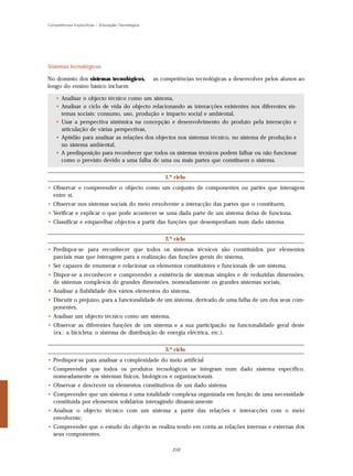 Competências Específicas – Educação Tecnológica




Sistemas tecnológicos

No domínio dos sistemas tecnológicos,             as competências tecnológicas a desenvolver pelos alunos ao
longo do ensino básico incluem:

    • Analisar o objecto técnico como um sistema,
    • Analisar o ciclo de vida do objecto relacionando as interacções existentes nos diferentes sis-
      temas sociais: consumo, uso, produção e impacto social e ambiental,
    • Usar a perspectiva sistémica na concepção e desenvolvimento do produto pela interacção e
      articulação de várias perspectivas,
    • Aptidão para analisar as relações dos objectos nos sistemas técnico, no sistema de produção e
      no sistema ambiental,
    • A predisposição para reconhecer que todos os sistemas técnicos podem falhar ou não funcionar
      como o previsto devido a uma falha de uma ou mais partes que constituem o sistema.


                                                      1.º ciclo
• Observar e compreender o objecto como um conjunto de componentes ou partes que interagem
  entre si,
• Observar nos sistemas sociais do meio envolvente a interacção das partes que o constituem,
• Verificar e explicar o que pode acontecer se uma dada parte de um sistema deixa de funciona,
• Classificar e emparelhar objectos a partir das funções que desempenham num dado sistema.


                                                      2.º ciclo
• Predispor-se para reconhecer que todos os sistemas técnicos são constituidos por elementos
  parciais mas que interagem para a realização das funções gerais do sistema,
• Ser capazes de enumerar e relacionar os elementos constituintes e funcionais de um sistema,
• Dispor-se a reconhecer e compreender a existência de sistemas simples e de reduzidas dimensões,
  de sistemas complexos de grandes dimensões, nomeadamente os grandes sistemas sociais,
• Analisar a fiabilidade dos vários elementos do sistema,
• Discutir o prejuízo, para a funcionalidade de um sistema, derivado de uma falha de um dos seus com-
  ponentes,
• Analisar um objecto técnico como um sistema,
• Observar as diferentes funções de um sistema e a sua participação na funcionalidade geral deste
  (ex.: a bicicleta; o sistema de distribuição de energia eléctrica, etc.).


                                                      3.º ciclo
• Predispor-se para analisar a complexidade do meio artificial
• Compreender que todos os produtos tecnológicos se integram num dado sistema específico,
  nomeadamente os sistemas físicos, biológicos e organizacionais
• Observar e descrever os elementos constitutivos de um dado sistema
• Compreender que um sistema é uma totalidade complexa organizada em função de uma necessidade
  constituída por elementos solidários interagindo dinamicamente
• Analisar o objecto técnico com um sistema a partir das relações e interacções com o meio
  envolvente;
• Compreender que o estudo do objecto se realiza tendo em conta as relações internas e externas dos
  seus componentes.

                                                         210
 