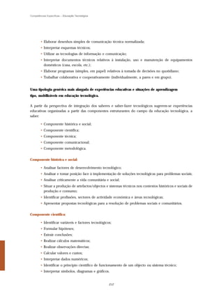 Competências Específicas – Educação Tecnológica




        • Elaborar desenhos simples de comunicação técnica normalizada;
        • Interpretar esquemas técnicos;
        • Utilizar as tecnologias de informação e comunicação;
        • Interpretar documentos técnicos relativos à instalação, uso e manutenção de equipamentos
          domésticos (casa, escola, etc.);
        • Elaborar programas (simples, em papel) relativos à tomada de decisões no quotidiano;
        • Trabalhar colaborativa e cooperativamente (individualmente, a pares e em grupo).


Uma tipologia genérica mais alargada de experiências educativas e situações de aprendizagem
tipo, mobilizáveis em educação tecnológica.

A partir da perspectiva de integração dos saberes e saber-fazer tecnológicos sugerem-se experiências
educativas organizadas a partir das componentes estruturantes do campo da educação tecnológica, a
saber:

        • Componente histórica e social;
        • Componente científica;
        • Componente técnica;
        • Componente comunicacional;
        • Componente metodológica.


Componente histórica e social:

        • Analisar factores de desenvolvimento tecnológico;
        • Analisar e tomar posição face à implementação de soluções tecnológicas para problemas sociais;
        • Analisar criticamente a vida comunitária e social;
        • Situar a produção de artefactos/objectos e sistemas técnicos nos contextos históricos e sociais de
          produção e consumo;
        • Identificar profissões, sectores de actividade económica e áreas tecnológicas;
        • Apresentar propostas tecnológicas para a resolução de problemas sociais e comunitários.


Componente científica:

        • Identificar variáveis e factores tecnológicos;
        • Formular hipóteses;
        • Extrair conclusões;
        • Realizar cálculos matemáticos;
        • Realizar observações directas;
        • Calcular valores e custos;
        • Interpretar dados numéricos;
        • Identificar o princípio científico de funcionamento de um objecto ou sistema técnico;
        • Interpretar símbolos, diagramas e gráficos.


                                                      212
 