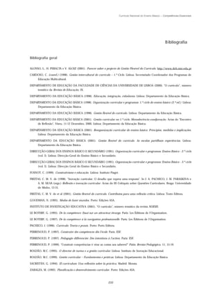 Currículo Nacional do Ensino Básico – Competências Essenciais




                                                                                                                 Bibliografia


Bibliografia geral

ALONSO, L., H. PERALTA e V. ALOIZ (2001). Parecer sobre o projecto de Gestão Flexível do Currículo. http://www.deb.min-edu.pt

CARDOSO, C. (coord.) (1998). Gestão intercultural do currículo – 1.º Ciclo. Lisboa: Secretariado Coordenador dos Programas de
      Educação Multicultural.

DEPARTAMENTO DE EDUCAÇÃO DA FACULDADE DE CIÊNCIAS DA UNIVERSIDADE DE LISBOA (2000). "O currículo", número
      temático da Revista de Educação, IX.

DEPARTAMENTO DA EDUCAÇÃO BÁSICA (1998). Educação, integração, cidadania. Lisboa: Departamento da Educação Básica.

DEPARTAMENTO DA EDUCAÇÃO BÁSICA (1998). Organização curricular e programas: 1.º ciclo do ensino básico (2.ª ed.). Lisboa:
      Departamento da Educação Básica.

DEPARTAMENTO DA EDUCAÇÃO BÁSICA (1998). Gestão flexível do currículo. Lisboa: Departamento da Educação Básica.

DEPARTAMENTO DA EDUCAÇÃO BÁSICA (2001). Gestão curricular no 1.º ciclo. Monodocência-coadjuvação. Actas do "Encontro
     de Reflexão", Viseu, 11-12 Dezembro, 2000. Lisboa: Departamento da Educação Básica.

DEPARTAMENTO DA EDUCAÇÃO BÁSICA (2001). Reorganização curricular do ensino básico. Princípios, medidas e implicações.
     Lisboa: Departamento da Educação Básica.

DEPARTAMENTO DA EDUCAÇÃO BÁSICA (2001). Gestão flexível do currículo. As escolas partilham experiências. Lisboa:
      Departamento da Educação Básica.

DIRECCÇÃO-GERAL DOS ENSINOS BÁSICO E SECUNDÁRIO (1991). Organização curricular e programas: Ensino Básico - 2.º ciclo
      (vol. I). Lisboa: Direcção-Geral do Ensino Básico e Secundário.

DIRECCÇÃO-GERAL DOS ENSINOS BÁSICO E SECUNDÁRIO (1991). Organização curricular e programas: Ensino Básico - 3.º ciclo
      (vol. I). Lisboa: Direcção Geral do Ensino Básico e Secundário.

FOSNOT, C. (1999). Construtivismo e educação. Lisboa: Instituto Piaget.

FREITAS, C. M. V. de (1998). "Inovação curricular: O desafio que espera uma resposta". In J. A. PACHECO, J. M. PARASKEVA e
     A. M. SILVA (orgs.) Reflexão e inovação curricular. Actas do III Colóquio sobre Questões Curriculares. Braga: Universidade
      do Minho, 13-31.

FREITAS, C. M. V. de et al (2001). Gestão flexível do currículo. Contributos para uma reflexão crítica. Lisboa: Texto Editora.

GOODMAN, N. (1995). Modos de fazer mundos. Porto: Edições ASA.

INSTITUTO DE INVESTIGAÇÃO EDUCATIVA (2001). "O currículo", número temático da revista NOESIS.

LE BOTERF, G. (1995). De la compétence: Essai sur un attracteur étrange. Paris: Les Éditions de l’Organization.

LE BOTERF, G. (1997). De la compétence à la navigation professionnelle. Paris: Les Éditions de l’Organization.

PACHECO, J. (1996). Currículo: Teoria e praxis. Porto: Porto Editora.

PERRENOUD, P. (1997). Construire des compétences dès l’école. Paris: ESF.

PERRENOUD, P. (1997). Pédagogie differenciée: Des intentions à l’action. Paris: ESF.

PERRENOUD, P. (1999). "Construir competências é virar as costas aos saberes?" Pátio. Revista Pedagógica, 11, 15-19.

ROLDÃO, M.C. (1995). O director de turma e a gestão curricular. Lisboa: Instituto de Inovação Educacional.

ROLDÃO, M.C. (1999). Gestão curricular – Fundamentos e práticas. Lisboa: Departamento da Educação Básica.

SACRISTÁN, G. (1994). El curriculum: Una reflexión sobre la práctica. Madrid: Morata.

ZABALZA, M. (1992). Planificação e desenvolvimento curricular. Porto: Edições ASA.



                                                                233
 