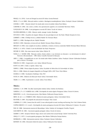 Competências Específicas – Bibliografia




FRANÇA, J-A. (1974). A arte em Portugal no século XX. Lisboa: Livraria Bertrand.

FROIS, J. P. et al. (2000). Educação estética e artística. Abordagens transdisciplinares. Lisboa: Fundação Calouste Gulbenkian.

GNDARA, I. (1987). Desenho infantil. Um estudo sobre níveis do símbolo. Lisboa:Texto Editora.

GARDNER, H. (1993). Arte, mente y cérebro. Una aproximación cognitiva a la creatividad. Barcelona: Paídos.

GONÇALVES, R. M. (1998). A arte portuguesa no século XX. Lisboa: Círculo de Leitores.

HOOPER-GREENHILL, E. (1995). Museum, media, message. London: Routledge.

HUYGHE, R. (1965). Os poderes da imagem: Balanço de uma psicologia da arte. São Paulo: Difusão Europeia do Livro.

LAMBERT, S. (1985). El dibujo técnica y utilidad. Madrid: Ed. Hermann Blume.

MARTY, G. (1999). Psicología del arte. Madrid: Pirámide.

MAYER; R. (1993). Materiales y técnicas del arte. Madrid: Hermann Blume Ediciones.

MIDGLEY, B. (1993). Guia completa de escultura, modelado y cerâmica, técnicas y materiales. Madrid: Hermann Blume Ediciones.

MOLES, A. A. (1975). O kitsch: A arte da felicidade. São Paulo: Perspectiva.

MUNARI, B. (1993). Das coisas nascem coisas. Lisboa: Edições 70.

NADAL, E., J. XAVIER (1998). "Educação estética, Ensino artístico e sua relevância na educação e na interiorização de saberes".
    Pareceres e Recomendações – 1998. Lisboa: Conselho Nacional de Educação.

OREY, C. (1999). A exemplificação na arte. Um estudo sobre Nelson Goodman. Lisboa: Fundação Calouste Gulbenkian-Fundação
     para a Ciência e Tecnologia.

PARSONS, M. (1992). Compreender a arte. Lisboa: Editorial Presença.

PONTY, M. (1997). O olho e o espírito. Lisboa: Veja.

SABINO, I. (2000). Pintura depois da pintura. Lisboa: Faculdade de Belas-Artes da Universidade de Lisboa.

SENA, A. (1998). História da imagem fotográfica em Portugal 1839 a 1997. Porto: Porto Editora.

SOURIAU, E. (1990). Vocabulaire d’esthétique. Paris: PUF.

SOUSA, R. (1995). Didáctica da Educação Visual. Lisboa: Universidade Aberta.

TELMO, I. C. ( 1989). O património e a escola. Lisboa: Texto Editora.



Música
ALMEIDA, J. L. R. (1998). Um olhar musical pelos resíduos. Lisboa: Instituto dos Resíduos.

ALMEIDA, L. P. e J. P. ALMEIDA (dir.) (1998). Enciclopédia da música ligeira Portuguesa. Lisboa: Círculo de Leitores.

BERNSTEIN, L. (s./d.). Concertos para jovens. Mem Martins: Publicações Europa-América.

BRITO, M. de C. e L. CYMBRON (1992). História da música portuguesa. Lisboa: Universidade Aberta.

BUCHNER, A. (1987). Encyclopédie des instruments de musique. Paris: Grund.

CAMPBELL, P. S. (1991). Lessons from the world: A cross-cultural guide to music teaching and learning. New York: Schirmer Books.

CASTELO-BRANCO, S. E. (coord.). Enciclopédia da música portuguesa do século XX. Lisboa: Publicações D. Quixote. (No prelo)

DIAS, M. (1986). Instrumentos musicais de Moçambique. Lisboa: Instituto de Investigação Científica Tropical.

GIACOMETTI, M. (1981). Cancioneiro popular português. Lisboa: Círculo de Leitores.

GILBERT, J. (1997). European festivals: Songs, dances and customs from around Europe. Oxford: University Press.

GRAÇA, F. L. (1977). A canção popular portuguesa. Mem Martins: Publicações Europa-América.

HENRIQUES, L. (1988). Instrumentos musicais. Lisboa: Fundação Calouste Gulbenkian.

KENNEDY, M. (1994). Dicionário Oxford de música. Lisboa: Publicações Dom Quixote.



                                                                238
 