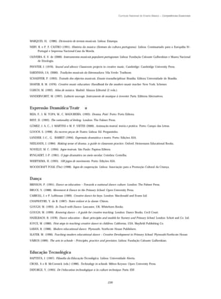 Currículo Nacional do Ensino Básico – Competências Essenciais




MARQUES, H, (1986). Dicionário de termos musicais. Lisboa: Estampa.

NERY, R. e P. F. CASTRO (1991). História da música (Sínteses da cultura portuguesa). Lisboa: Comissariado para a Europália 91-
     Portugal e Imprensa Nacional-Casa da Moeda.

OLIVEIRA, E. V. de (2000). Instrumentos musicais populares portugueses. Lisboa: Fundação Calouste Gulbenkian e Museu Nacional
     de Etnologia.

PAYNTER, J. (1970). Sound and silence: Classroom projects in creative music. Cambridge: Cambridge University Press.

SARDINHA, J.A. (2000). Tradições musicais da Estremadura. Vila Verde: Tradisom.

SCHAEFFER, P. (1993). Tratado dos objectos musicais. Ensaio transdisciplinar. Brasilia: Editora Universidade de Brasília.

SHAFER, R. M. (1976). Creative music education: Handbook for the modern music teacher. New York: Schrmer.

ULRICH, M. (1992). Atlas de música. Madrid: Alianza Editorial (2 vols.).

VANDERVORST, M. (1997). Lutherie sauvage. Instruments de musique à inventer. Paris: Editions Alternatives.



Expressão Dramática/Teatr                    o
BEJA, F., J. M. TOPA, M., C. MADUREIRA. (1993). Drama, Pois!. Porto: Porto Editora.

BEST, D. (1992). The rationality of feeling. London: The Falmer Press.

GÓMEZ, J. A. C., J. MARTINS e M. F. VIETES (2000). Animação teatral, teoria e prática. Porto: Campo das Letras.

GOOCH, S. (1998). Eu escrevo peças de Teatro. Lisboa: Ed. Pergaminho.

LANDIER, J.-C., G. BARRET (1994). Expressão dramática e teatro. Porto: Edições ASA.

NEELANDS, J. (1984). Making sense of drama, a guide to classroom practice. Oxford: Heinemann Educational Books.

NOVELLY, M. C. (1994). Jogos teatrais. São Paulo: Papirus Editora.

RYNGAERT, J.-P. (1981). O jogo dramático no meio escolar. Coimbra: Centelha.

WIERTSEMA, H. (1993). 100 jogos de movimento. Porto: Edições ASA.

WOODCRAFT FOLK (The) (1998). Jogos de cooperação. Lisboa: Associação para a Promoção Cultural da Criança.



Dança
BRINSON, P. (1991). Dance as education – Towards a national dance culture. London: The Palmer Press.
BRUCE, V. (1988). Movement & Dance in the Primary School. Open University Press.
CARROLL, J. e P. Lofthouse (1969). Creative dance for boys. London: Macdonald and Evans Ltd.
CHAPAVEYRE, Y. de R. (1987). Notre enfant et la danse. Chiron.
GOUGH, M. (1993). In Touch with Dance. Lancaster, UK: Whitehorn Books.
GOUGH, M. (1999). Knowing dance – A guide for creative teaching. London: Dance Books, Cecil Court.
HASELBACH, B. (1978). Dance education – Basic principles and models for Nursery and Primary School. London: Schott and Co. Ltd.
JOYCE, M. (1980). First steps in teaching creative dance to children. California, USA: Mayfield Publishing Co.
LABAN, R. (1988). Modern educational dance. Plymouth: Northcote House Publishers.
SLATER, W. (1990). Teaching modern educational dance – Creative Development in Primary School. Plymouth:Northcote House.

VÁRIOS (1989). The arts in schools – Principles, practice and provision. Lisboa: Fundação Calouste Gulbenkian.



Educação Tecnológica
BAPTISTA, J. (1997). Filosofia da Educação Tecnológica. Lisboa: Universidade Aberta.
CROSS, A e R. McCormick (eds.) (1986). Technology in schools. Milton Keynes: Open University Press.

DEFORGE, Y. (1993). De l’éducation technologique à la culture technique. Paris: ESF.



                                                               239
 