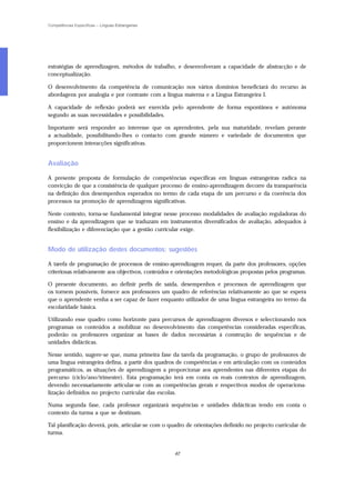 Competências Específicas – Línguas Estrangeiras




estratégias de aprendizagem, métodos de trabalho, e desenvolveram a capacidade de abstracção e de
conceptualização.

O desenvolvimento da competência de comunicação nos vários domínios beneficiará do recurso às
abordagens por analogia e por contraste com a língua materna e a Língua Estrangeira I.

A capacidade de reflexão poderá ser exercida pelo aprendente de forma espontânea e autónoma
segundo as suas necessidades e possibilidades.

Importante será responder ao interesse que os aprendentes, pela sua maturidade, revelam perante
a actualidade, possibilitando-lhes o contacto com grande número e variedade de documentos que
proporcionem interacções significativas.


Avaliação

A presente proposta de formulação de competências específicas em línguas estrangeiras radica na
convicção de que a consistência de qualquer processo de ensino-aprendizagem decorre da transparência
na definição dos desempenhos esperados no termo de cada etapa de um percurso e da coerência dos
processos na promoção de aprendizagens significativas.

Neste contexto, torna-se fundamental integrar nesse processo modalidades de avaliação reguladoras do
ensino e da aprendizagem que se traduzam em instrumentos diversificados de avaliação, adequados à
flexibilização e diferenciação que a gestão curricular exige.


Modo de utilização destes documentos: sugestões

A tarefa de programação de processos de ensino-aprendizagem requer, da parte dos professores, opções
criteriosas relativamente aos objectivos, conteúdos e orientações metodológicas propostas pelos programas.

O presente documento, ao definir perfis de saída, desempenhos e processos de aprendizagem que
os tornem possíveis, fornece aos professores um quadro de referências relativamente ao que se espera
que o aprendente venha a ser capaz de fazer enquanto utilizador de uma língua estrangeira no termo da
escolaridade básica.

Utilizando esse quadro como horizonte para percursos de aprendizagem diversos e seleccionando nos
programas os conteúdos a mobilizar no desenvolvimento das competências consideradas específicas,
poderão os professores organizar as bases de dados necessárias à construção de sequências e de
unidades didácticas.

Nesse sentido, sugere-se que, numa primeira fase da tarefa da programação, o grupo de professores de
uma língua estrangeira defina, a partir dos quadros de competências e em articulação com os conteúdos
programáticos, as situações de aprendizagem a proporcionar aos aprendentes nas diferentes etapas do
percurso (ciclo/ano/trimestre). Esta programação terá em conta os reais contextos de aprendizagem,
devendo necessariamente articular-se com as competências gerais e respectivos modos de operaciona-
lização definidos no projecto curricular das escolas.

Numa segunda fase, cada professor organizará sequências e unidades didácticas tendo em conta o
contexto da turma a que se destinam.

Tal planificação deverá, pois, articular-se com o quadro de orientações definido no projecto curricular de
turma.


                                                    42
 