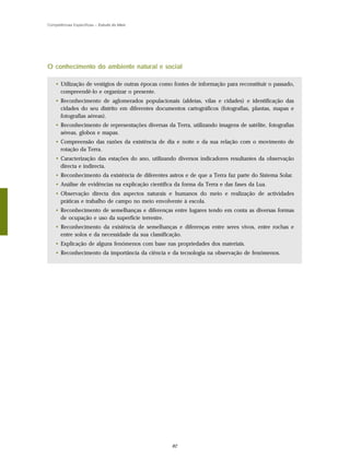 Competências Específicas – Estudo do Meio




O conhecimento do ambiente natural e social

    • Utilização de vestígios de outras épocas como fontes de informação para reconstituir o passado,
      compreendê-lo e organizar o presente.
    • Reconhecimento de aglomerados populacionais (aldeias, vilas e cidades) e identificação das
      cidades do seu distrito em diferentes documentos cartográficos (fotografias, plantas, mapas e
      fotografias aéreas).
    • Reconhecimento de representações diversas da Terra, utilizando imagens de satélite, fotografias
      aéreas, globos e mapas.
    • Compreensão das razões da existência de dia e noite e da sua relação com o movimento de
      rotação da Terra.
    • Caracterização das estações do ano, utilizando diversos indicadores resultantes da observação
      directa e indirecta.
    • Reconhecimento da existência de diferentes astros e de que a Terra faz parte do Sistema Solar.
    • Análise de evidências na explicação científica da forma da Terra e das fases da Lua.
    • Observação directa dos aspectos naturais e humanos do meio e realização de actividades
      práticas e trabalho de campo no meio envolvente à escola.
    • Reconhecimento de semelhanças e diferenças entre lugares tendo em conta as diversas formas
      de ocupação e uso da superfície terrestre.
    • Reconhecimento da existência de semelhanças e diferenças entre seres vivos, entre rochas e
      entre solos e da necessidade da sua classificação.
    • Explicação de alguns fenómenos com base nas propriedades dos materiais.
    • Reconhecimento da importância da ciência e da tecnologia na observação de fenómenos.




                                                   82
 