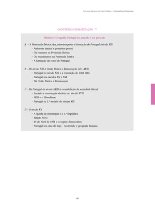 Currículo Nacional do Ensino Básico – Competências Essenciais




                                                                    (2)
                               CONTEÚDOS/TEMATIZAÇÃO

                  História e Geografia: Portugal no passado e no presente

A – A Península Ibérica: dos primeiros povos à formação de Portugal (século XII)
      • Ambiente natural e primeiros povos
      • Os romanos na Península Ibérica
      • Os muçulmanos na Península Ibérica
      • A formação do reino de Portugal


B – Do século XIII à União Ibérica e Restauração (séc. XVII)
      • Portugal no século XIII e a revolução de 1383-1385
      • Portugal nos séculos XV e XVI
      • Da União Ibérica à Restauração


C – Do Portugal do século XVIII à consolidação da sociedade liberal
      • Império e monarquia absoluta no século XVIII
      • 1820 e o Liberalismo
      • Portugal na 2.ª metade do século XIX


D – O século XX
      • A queda da monarquia e a 1.ª República
      • Estado Novo
      • 25 de Abril de 1974 e o regime democrático
      • Portugal nos dias de hoje – Sociedade e geografia humana




                                                99
 