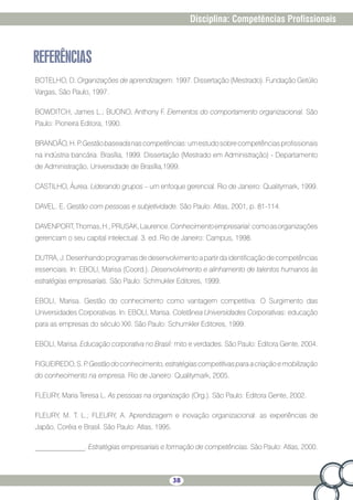 38
Disciplina: Competências Profissionais
REFERÊNCIAS
BOTELHO, D. Organizações de aprendizagem. 1997. Dissertação (Mestrado). Fundação Getúlio
Vargas, São Paulo, 1997.
BOWDITCH, James L.; BUONO, Anthony F. Elementos do comportamento organizacional. São
Paulo: Pioneira Editora, 1990.
BRANDÃO,H.P.Gestãobaseadanascompetências:umestudosobrecompetênciasprofissionais
na indústria bancária. Brasília, 1999. Dissertação (Mestrado em Administração) - Departamento
de Administração, Universidade de Brasília,1999.
CASTILHO, Áurea. Liderando grupos – um enfoque gerencial. Rio de Janeiro: Qualitymark, 1999.
DAVEL. E. Gestão com pessoas e subjetividade. São Paulo: Atlas, 2001, p. 81-114.
DAVENPORT,Thomas,H.;PRUSAK,Laurence.Conhecimentoempresarial:comoasorganizações
gerenciam o seu capital intelectual. 3. ed. Rio de Janeiro: Campus, 1998.
DUTRA, J. Desenhando programas de desenvolvimento a partir da identificação de competências
essenciais. In: EBOLI, Marisa (Coord.). Desenvolvimento e alinhamento de talentos humanos às
estratégias empresariais. São Paulo: Schmukler Editores, 1999.
EBOLI, Marisa. Gestão do conhecimento como vantagem competitiva: O Surgimento das
Universidades Corporativas. In: EBOLI, Marisa. Coletânea Universidades Corporativas: educação
para as empresas do século XXI. São Paulo: Schumkler Editores, 1999.
EBOLI, Marisa. Educação corporativa no Brasil: mito e verdades. São Paulo: Editora Gente, 2004.
FIGUEIREDO,S.P.Gestãodoconhecimento,estratégiascompetitivasparaacriaçãoemobilização
do conhecimento na empresa. Rio de Janeiro: Qualitymark, 2005.
FLEURY, Maria Teresa L. As pessoas na organização (Org.). São Paulo: Editora Gente, 2002.
FLEURY, M. T. L.; FLEURY, A. Aprendizagem e inovação organizacional: as experiências de
Japão, Coréia e Brasil. São Paulo: Atlas, 1995.
______________. Estratégias empresariais e formação de competências. São Paulo: Atlas, 2000.
 
