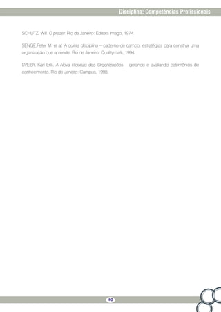 40
Disciplina: Competências Profissionais
SCHUTZ, Will. O prazer. Rio de Janeiro: Editora Imago, 1974.
SENGE,Peter M. et al. A quinta disciplina – caderno de campo: estratégias para construir uma
organização que aprende. Rio de Janeiro: Qualitymark, 1994.
SVEIBY, Karl Erik. A Nova Riqueza das Organizações – gerando e avaliando patrimônios de
conhecimento. Rio de Janeiro: Campus, 1998.
 