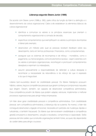 72
Disciplina: Competências Profissionais
Liderança segundo Steere Junior (1996)
De acordo com Steere Junior (1996 p. 265), parte crítica da função do líder é a definição e o
desenvolvimento da cultura organizacional. Cabe a ele estabelecer os elementos básicos da
cultura organizacional:
•	 identificar e comunicar os valores e os princípios essenciais que orientam o
comportamento organizacional e a tomada de decisão;
•	 especificar comportamentos que exemplifiquem os valores ou princípios da empresa
e liderar pelo exemplo;
•	 desenvolver um método pelo qual as pessoas recebam feedback sobre seu
desempenho, tanto em termos profissionais / financeiros, como comportamentais;
•	 assegurar que os sistemas de recompensa e de reforço – monetários, como o
pagamento, ou menos tangíveis, como envolvimento e acesso – sejam coerentes com
os valores e princípios organizacionais, reconheçam e promovam comportamentos
desejáveis e reprimam os indesejáveis;
•	 assumir pessoalmente a responsabilidade de defender a cultura desejada e
reconhecer a necessidade da redundância e do reforço do que é esperado
e do que é inegociável.
Líderes bem-sucedidos devem ter credibilidade pessoal. Os líderes fidedignos possuem
hábitos, valores, traços e competências pessoais que geram confiança e compromisso naqueles
que dirigem. Devem, também, ser capazes de desenvolver competência administrativa.
Essa competência provém de líderes que podem adaptar, estruturar, implementar e melhorar
processos organizacionais para atingir metas empresariais.
Um líder deve gerar credibilidade pessoal e competência administrativa. Com credibilidade
pessoal, sem competência administrativa, a liderança não se sustenta. No inverso, o líder não
conseguirá desenvolver a ligação emocional, necessária em períodos de mudanças rápidas e
turbulentas, e também fracassará. Os líderes que demonstrarem credibilidade e competência
gerarão entusiasmo e desempenho, solução e resultados, compromisso e capacidade. Serão
pessoas de forte caráter, que construirão organizações também fortes, as quais não dependerão
do caráter deles para atingir o sucesso.
 