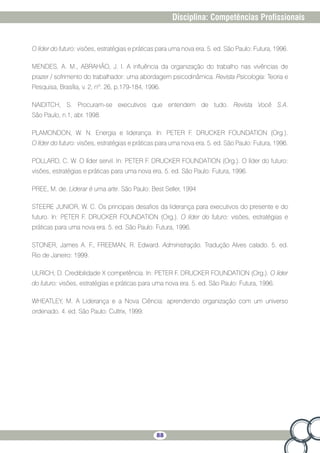 88
Disciplina: Competências Profissionais
O líder do futuro: visões, estratégias e práticas para uma nova era. 5. ed. São Paulo: Futura, 1996.
MENDES, A. M., ABRAHÃO, J. I. A influência da organização do trabalho nas vivências de
prazer / sofrimento do trabalhador: uma abordagem psicodinâmica. Revista Psicologia: Teoria e
Pesquisa, Brasília, v. 2, nº. 26, p.179-184, 1996.
NAIDITCH, S. Procuram-se executivos que entendem de tudo. Revista Você S.A.
São Paulo, n.1, abr. 1998.
PLAMONDON, W. N. Energia e liderança. In: PETER F. DRUCKER FOUNDATION (Org.).
O líder do futuro: visões, estratégias e práticas para uma nova era. 5. ed. São Paulo: Futura, 1996.
POLLARD, C. W. O líder servil. In: PETER F. DRUCKER FOUNDATION (Org.). O líder do futuro:
visões, estratégias e práticas para uma nova era. 5. ed. São Paulo: Futura, 1996.
PREE, M. de. Liderar é uma arte. São Paulo: Best Seller, 1994
STEERE JUNIOR, W. C. Os principais desafios da liderança para executivos do presente e do
futuro. In: PETER F. DRUCKER FOUNDATION (Org.). O líder do futuro: visões, estratégias e
práticas para uma nova era. 5. ed. São Paulo: Futura, 1996.
STONER, James A. F., FREEMAN, R. Edward. Administração. Tradução Alves calado. 5. ed.
Rio de Janeiro: 1999.
ULRICH, D. Credibilidade X competência. In: PETER F. DRUCKER FOUNDATION (Org.). O líder
do futuro: visões, estratégias e práticas para uma nova era. 5. ed. São Paulo: Futura, 1996.
WHEATLEY, M. A Liderança e a Nova Ciência: aprendendo organização com um universo
ordenado. 4. ed. São Paulo: Cultrix, 1999.
 