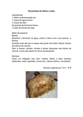 Rocambole de folhas e talos

Ingredientes:
1 colher (sobremesa)de sal
1 xícara de água morna
½ xícara de óleo
30 gramas de fermento fresco
½ quilo de farinha de trigo

Modo de preparar:
Massa:
Dissolver o fermento na água..Juntar o óleo,o sal e aos poucos a
farinha.
Amassar tudo ate que a massa não grude nas mãos. Deixar crescer
ate dobrar de volume.
Abrir a massa, rechear, enrolar e deixar descansar ate dobrar de
volume. Levar para assar em forno pré-aquecido.

Recheio:
Fazer um refogado com alho, cebola, folhas e talos diversos
(beterraba, nabo, espinafre, couve etc.). Deixar esfriar o rocambole.


                                    Receita sugerida por Yuri – 4ª B
 