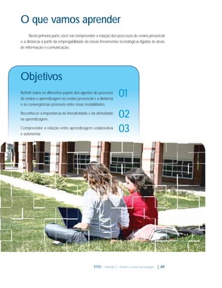 O que vamos aprender
Nesta primeira parte, você vai compreender a relação dos processos de ensino presencial
e a distância a partir da empregabilidade de novas ferramentas tecnológicas ligadas às áreas
de informação e comunicação.

Objetivos
Reﬂetir sobre os diferentes papéis dos agentes do processo
de ensino e aprendizagem no ensino presencial e a distância
e as convergências possíveis entre essas modalidades.
Reconhecer a importância da interatividade e da afetividade
na aprendizagem.
Compreender a relação entre aprendizagem colaborativa
e autonomia.

01
02
03

IFRN - Módulo 2 - Ensino e novas tecnologias | 69

 