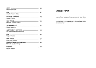 AMOR ...............................................................................
Reynaldo Hunger
40
MÃE ...................................................................................
Arturita Teixeira Pinto
41
GOTA DE ALIMENTO .......................................................
Raquel Vazoler
42
SEM TÍTULO .....................................................................
Maria de Lourdes França
43
AMAMENTAÇÂO ..............................................................
Magda Leardina
44
ALEITAMENTO MATERNO .............................................
Arli Brandolese Lima Manfrinatti
45
MÃE ..................................................................................
Raquel Vazoler
46
SEM TÍTULO .....................................................................
Antônio de Oliveira
47
AGRADECIMENTO DE UM FILHO ...................................
Maria de Lourdes França
48
NASCEU! ...........................................................................
Magda Leardini
49
DEDICATÓRIA
Às mulheres que escolheram amamentar seus filhos
Ao meu filho Luca que me deu a oportunidade ímpar
de amamentar
 