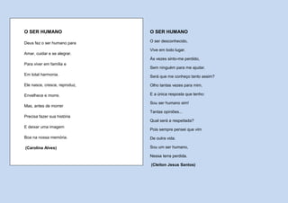 O SER HUMANO                   O SER HUMANO

Deus fez o ser humano para     O ser desconhecido,

                               Vive em todo lugar.
Amar, cuidar e se alegrar.
                               Às vezes sinto-me perdido,
Para viver em família e
                               Sem ninguém para me ajudar.
Em total harmonia.             Será que me conheço tanto assim?

Ele nasce, cresce, reproduz,   Olho tantas vezes para mim,

Envelhece e morre.             E a única resposta que tenho:

                               Sou ser humano sim!
Mas, antes de morrer
                               Tantas opiniões...
Precisa fazer sua história
                               Qual será a respeitada?
E deixar uma imagem
                               Pois sempre pensei que vim
Boa na nossa memória.          De outra vida.

(Carolina Alves)               Sou um ser humano,

                               Nessa terra perdida.

                               (Cleiton Jesus Santos)
 