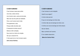 O SER HUMANO                            O SER HUMANO
O ser humano nasce para sofrer.         O ser humano é uma incógnita.

Uns mais, outros menos.                 Qual foi sua origem?
Uns morrem cedo, outros já vão tarde.
                                        A única coisa que sei
Mas tudo isso faz parte da realidade.
                                        É que vim da barriga da minha mãe.
Para o ser humano tudo é belo
                                        A minha mãe veio da barriga da minha vovó.
Principalmente a vida.

Porque então não dão valor              A minha vovó veio da barriga da minha bisavó.

E esquecem de tanto rancor?             Daí por diante...
Muitos só têm ambição,
                                        Mas o primeiro ser humano,
Que vive lá no íntimo do coração.
                                        É um mistério desumano.
Sei que a vida tem fim.
                                        (Maurício Santos Reis)
E não quero ser um ser humano assim.

(Ioná Jesus Santos)
 