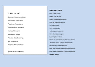 O MEU FUTURO
O MEU FUTURO                  Para o meu futuro,

Quero um futuro maravilhoso   Quero tudo de bom.

                              Quero meus sonhos realizar.
Por isso sou to estudioso.
                              Pois sei que quem sonha,
Para ter um futuro digno,
                              Um dia chega lá.
É preciso muita dedicação.    Com força e vigor

No meu futuro terei           Lutarei pelo meu amor.

Verdadeiros amigos,           Com alegria e coragem

                              Lutarei pela verdade.
Pois eles já estão comigo.
                              Quero me formar em arquitetura ou direito,
Vou me esforçar,
                              Para isso tenho que estudar satisfeito.
Para meu futuro melhorar.
                              Meus sonhos é a minha vida,
.                             Mas, nem por isso me afasto da realidade

(Danilo de Jesus Santos)      Pois foi ela que formou a minha dignidade.

                              (Raiane Alves)
 