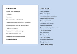 O MEU FUTURO                                      O MEU FUTURO

No meu futuro terá lágrimas.                      Futuro com amigo...

Tristezas....                                     Futuro com beijinho...

                                                  No meu futuro quero tudo de bom.
Saudades...
                                                  Por isso continuo estudando,
Mas, também terá muita felicidade.
                                                  Para ir me preparando.
Terá muita recordação do passado e do presente,
                                                  Tudo que eu quero na vida,

Pois os momentos bons não sairão da mente.        É ser uma pessoa digna.

Terá meu grande amor                              É, mas para saber é preciso crescer.

                                                  Pois, eu vou chegar lá,
Para acarinhar-me, beijar e abraçar.
                                                  Para te encontrar.
Mas terá também minha mãe,
                                                  Estou tão animada,
Para ajudar-me quando mais precisar.
                                                  Para a sua chegada,
(Tainá Bonfim Silva)                              E viveremos em harmonia,

                                                  Como já foi um dia.

                                                  (Tatiane Santos Batista)
 