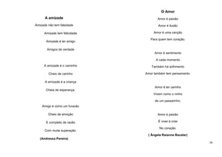 O Amor
A amizade

Amor é paixão

Amizade não tem falsidade

Amor é ilusão

Amizade tem felicidade
Amizade é ter amigo

Amor é uma canção
Para quem tem coração.

Amigos de verdade
Amor é sentimento
A cada momento
A amizade é o caminho

Também há sofrimento

Cheio de carinho

Amor também tem pensamento.

A amizade é a criança
Cheia de esperança.

Amor é ter carinho
Vivem como o ninho
de um passarinho.

Amigo é como um furacão
Cheio de emoção

Amor é paixão

E completo de razão

É viver é criar

Com muita superação.

No coração.
( Ângela Raianne Bacelar)

(Andressa Pereira)
26

 