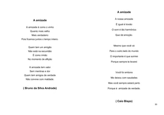 A amizade
A amizade

A nossa amizade
É igual é trovão

A amizade é como o vinho
Quanto mais velho
Mais verdadeiro

O som é tão harmônico
Que dá emoção.

Pois ficamos juntos o tempo inteiro.

Quem tem um amigão

Mesmo que você vá

Não está na escuridão

Para o outro lado do mundo

É como irmão

O importante é que sorrirei

No momento de aflição
Porque sempre te levarei
A amizade tem valor
Sem mentiras e dor

Você foi embora

Quem tem amigos de verdade
Não convive com maldade.

Me deixou com saudades
Mas você sempre estará perto

( Bruno da Silva Andrade)

Porque é amizade de verdade.

( Caio Bispo)
30

 