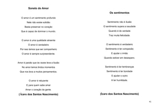 Soneto do Amor
Os sentimentos
O amor é um sentimento profundo
Nele não existe solidão

Sentimento não é ilusão

Basta preservar no coração

O sentimento supera a saudade

Que é capaz de dominar o mundo.

Quando é de verdade
Traz muita felicidade.

O amor é uma qualidade atraente
O amor é verdadeiro

O sentimento é verdadeiro

Por isso temos que ser companheiro

Sentimento é ter compaixão

O amor é sempre surpreendente.

E ajudar o irmão
Quando estiver em desespero.

Amor é paixão que às vezes leva a ilusão
No amor temos lindos momentos

Sentimento é ter lembranças

Que nos leva a muitos pensamentos.

Sentimento é ter bondade
E ajudar o outro

O amor é reluzente

A ter humildade.

E para quem sabe amar
Amar o coração da gente.

( Ícaro dos Santos Nascimento)

(Ícaro dos Santos Nascimento)
41

 