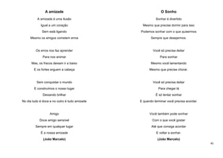 A amizade

O Sonho

A amizade é uma ilusão

Sonhar é divertido

Igual a um coração

Mesmo que precise dormir para isso

Sem está ligando

Podemos sonhar com o que quisermos

Mesmo os amigos cometem erros

Sempre que desejarmos.

Os erros nos faz aprender

Você só precisa deitar

Para nos animar

Para sonhar

Mas, os fracos deixam ir a baixo

Mesmo você lamentando

E os fortes erguem a cabeça

Mesmo que precise chorar.

Sem conquistar o mundo

Você só precisa deitar

E construímos o nosso lugar

Para chegar lá

Deixando brilhar

É só tentar sonhar

No dia tudo é doce e no outro é tudo amizade

E quando terminar você precisa acordar.

Amigo

Você também pode sonhar

Doce amigo sensível

Com o que você gostar

Sempre em qualquer lugar

Até que consiga acordar

É a nossa amizade

E voltar a sonhar.

(João Marcelo)

(João Marcelo)
45

 