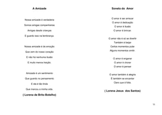 A Amizade

Nossa amizade é verdadeira

Soneto do Amor

O amor é ser arriscar
O amor é dedicação

Somos amigas companheiras
Amigas desde crianças

O amor é ilusão
O amor é brincar.

E guardo isso na lembrança.
O amor não é só se divertir
Também é beijar
Nossa amizade é de emoção
Que vem do nosso coração
E não há nenhuma ilusão
E muito menos traição.

Certos momentos pular
Alguns momentos omitir.

O amor é enganar
O amor é chorar
O amor é pensar

Amizade é um sentimento
Que guardo no pensamento
E ela é tão linda
Que marcou a minha vida.

O amor também é alegria
É também se encantar
Claro que é folia.

( Lorena Jesus dos Santos)

( Lorena de Brito Botelho)

51

 
