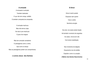 A amizade

O Amor

A amizade é confusão
Também desilusão

Amar é sentir paixão

E que não tem amigo, solidão

Esquecer sem querer

E também composta de compaixão.

Viver e sofrer
Sentindo emoção

A amizade machuca
Mas não temos culpa
No amor, às vezes existe traição
Se tudo é pra machucar
E para nós magoar.

Há também momento de angústias
As vezes, vive-se em vão

Mas tem amizade verdadeira

Com tanta insatisfação.

E passageiras como o vento,
Que corre no tempo

Nos momentos de alegrias

Mas as passageiras podem ser companheiras.

Esquecemo-nos da solidão
Explode o amor no coração;

( Lorena Jesus dos Santos)

( Mailon dos Santos Nascimento)
52

 