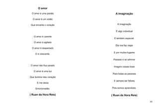 O amor
O amor é uma paixão

A imaginação

O amor é um violão
Que encanta o coração

A imaginação
É algo individual

O amor é carente

E também especial.

O amor é agitado
Ela nos faz viajar
O amor é despertado
E é crescente.

E por muitos lugares
Passear e se admirar

O amor não fica parado

Imagino coisas boas

O amor é uma luz
Para todas as pessoas
Que ilumina meu coração
E me deixa

E sempre ser felizes

Emocionadão.

Pois somos aprendizes.

( Ruan da Hora Reis)

( Ruan da Hora Reis)
60

 