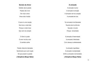 Soneto do Amor

A amizade

Solidão não é paixão

A amizade é amor

Paixão não é dor

A amizade é emoção

Dor não é amor

A amizade vem do coração

Amar não é ilusão.

A amizade tem dor.

O amor é uma canção

Ter amizade é ter liberdade

Que toca a vida toda

Quando ela é profunda

Porque a vida é boa

Sacode o mundo

Que vem do coração

Porque sinceridade

O Amor é poder

A amizade é fraternidade

O amor me faz viver

A amizade é felicidade

E também sofrer

Com clareza e solidariedade

Paixão cheia de intenções

A amizade é gentileza

Sentimento puro com noção

A amizade é simplicidade

Só que prazem e paixão

Enfim a amizade é só bondade.

( Simplício Bispo Neto)

( Simplício Bispo Neto)
61

 