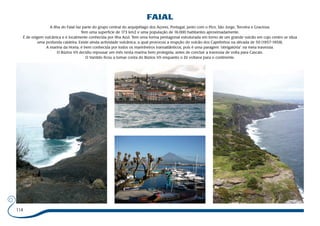 114 
FAIAL 
A Ilha do Faial faz parte do grupo central do arquipélago dos Açores, Portugal, junto com o Pico, São Jorge, Terceira e Graciosa. 
Tem uma superfície de 173 km2 e uma população de 16.000 habitantes aproximadamente. 
É de origem vulcânica e é localmente conhecida por ilha Azul. Tem uma forma pentagonal estruturada em torno de um grande vulcão em cujo centro se situa 
uma profunda caldeira. Existe ainda actividade vulcânica, a qual provocou a erupção do vulcão dos Capelinhos na década de 50 (1957-1958). 
A marina da Horta, é bem conhecida por todos os marinheiros transatlânticos, pois é uma paragem “obrigatória” na meia travessia. 
O Búzios VII decidiu repousar um mês nesta marina bem protegida, antes de concluir a travessia de volta para Cascais. 
O Vanildo ficou a tomar conta do Búzios VII enquanto o Zé voltava para o continente. 
 