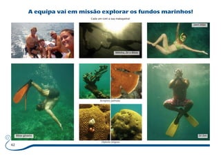 62 
A equipa vai em missão explorar os fundos marinhos! 
Cada um com a sua maluqueira! 
Jaen relax 
Zé Zen 
Bibas ginasta 
Milinha, Zé e Bibas 
Acropora palmata 
Diploria strigosa 
 