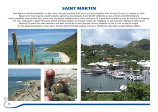74 
SAINT MARTIN 
Saint Martin é uma ilha das Antilhas, no Mar Caribe. Tem uma área total de 87 km2 e encontra-se dividida entre a França (53 km2) e a Holanda (34 km2). 
Apesar de ser mais pequena, a parte holandesa apresenta uma população maior (39.000 habitantes), do que a francesa (36 000 habitantes). 
O lado holandês é mais industrial, tem casinos, lojas de joalharia, bebidas exóticas, clubes nocturnos, etc. A parte francesa dedica-se mais ao vestuário, ao shopping, 
tem bons restaurantes e alguns trilhos para admirar as belas paisagens. As principais cidades são Philipsburg, do lado holandês e Marigot do lado francês. 
O Búzios VII passou três noites nesta ilha, mas desta vez não foi no porto principal. Ficámos na Marina do Fort St Louis, na baía de Marigot. 
Foi uma pausa para preparar o barco para a travessia até às Bermudas, explorar as terras, e, infelizmente, dizer adeus à nossa Buziana, Milinha. 
 