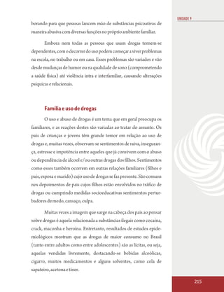 UNIDADE 9
borando para que pessoas lancem mão de substâncias psicoativas de
maneira abusiva com diversas funções no próprio ambiente familiar.

       Embora nem todas as pessoas que usam drogas tornem-se
dependentes, com o decorrer do uso podem começar a viver problemas
na escola, no trabalho ou em casa. Esses problemas são variados e vão
desde mudanças de humor ou na qualidade de sono (comprometendo
a saúde física) até violência intra e interfamiliar, causando alterações
psíquicas e relacionais.



       Família e uso de drogas
       O uso e abuso de drogas é um tema que em geral preocupa os
familiares, e as reações destes são variadas ao tratar do assunto. Os
pais de crianças e jovens têm grande temor em relação ao uso de
drogas e, muitas vezes, observam-se sentimentos de raiva, inseguran-
ça, estresse e impotência entre aqueles que já convivem com o abuso
ou dependência de álcool e/ou outras drogas dos filhos. Sentimentos
como esses também ocorrem em outras relações familiares (filhos e
pais, esposa e marido) cujo uso de drogas se faz presente. São comuns
nos depoimentos de pais cujos filhos estão envolvidos no tráfico de
drogas ou cumprindo medidas socioeducativas sentimentos pertur-
badores de medo, cansaço, culpa.

       Muitas vezes a imagem que surge na cabeça dos pais ao pensar
sobre drogas é aquela relacionada a substâncias ilegais como cocaína,
crack, maconha e heroína. Entretanto, resultados de estudos epide-
miológicos mostram que as drogas de maior consumo no Brasil
(tanto entre adultos como entre adolescentes) são as lícitas, ou seja,
aquelas vendidas livremente, destacando-se bebidas alcoólicas,
cigarro, muitos medicamentos e alguns solventes, como cola de
sapateiro, acetona e tíner.

                                                                                       215
 