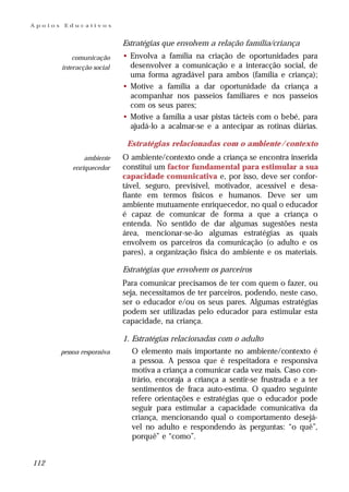 Apoios    Educativos


                             Estratégias que envolvem a relação família/criança
             comunicação     • Envolva a família na criação de oportunidades para
         interacção social     desenvolver a comunicação e a interacção social, de
                               uma forma agradável para ambos (família e criança);
                             • Motive a família a dar oportunidade da criança a
                               acompanhar nos passeios familiares e nos passeios
                               com os seus pares;
                             • Motive a família a usar pistas tácteis com o bebé, para
                               ajudá-lo a acalmar-se e a antecipar as rotinas diárias.

                              Estratégias relacionadas com o ambiente / contexto
                 ambiente    O ambiente/contexto onde a criança se encontra inserida
             enriquecedor    constitui um factor fundamental para estimular a sua
                             capacidade comunicativa e, por isso, deve ser confor-
                             tável, seguro, previsível, motivador, acessível e desa-
                             fiante em termos físicos e humanos. Deve ser um
                             ambiente mutuamente enriquecedor, no qual o educador
                             é capaz de comunicar de forma a que a criança o
                             entenda. No sentido de dar algumas sugestões nesta
                             área, mencionar-se-ão algumas estratégias as quais
                             envolvem os parceiros da comunicação (o adulto e os
                             pares), a organização física do ambiente e os materiais.

                             Estratégias que envolvem os parceiros
                             Para comunicar precisamos de ter com quem o fazer, ou
                             seja, necessitamos de ter parceiros, podendo, neste caso,
                             ser o educador e/ou os seus pares. Algumas estratégias
                             podem ser utilizadas pelo educador para estimular esta
                             capacidade, na criança.

                             1. Estratégias relacionadas com o adulto
         pessoa responsiva     O elemento mais importante no ambiente/contexto é
                               a pessoa. A pessoa que é respeitadora e responsiva
                               motiva a criança a comunicar cada vez mais. Caso con-
                               trário, encoraja a criança a sentir-se frustrada e a ter
                               sentimentos de fraca auto-estima. O quadro seguinte
                               refere orientações e estratégias que o educador pode
                               seguir para estimular a capacidade comunicativa da
                               criança, mencionando qual o comportamento desejá-
                               vel no adulto e respondendo às perguntas: “o quê”,
                               porquê” e “como”.


112
 