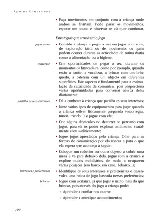 Apoios    Educativos


                               • Faça movimentos em conjunto com a criança onde
                                 ambos se divirtam. Pode parar os movimentos,
                                 esperar um pouco e observar se ela quer continuar.

                               Estratégias que envolvem o jogo
               pegar a vez     • Convide a criança a pegar a vez em jogos com sons,
                                 de exploração táctil ou de movimento, os quais
                                 podem ocorrer durante as actividades de rotina diária
                                 como a alimentação ou a higiene;
                 conversar     • Crie oportunidades de pegar a vez, durante os
                                 momentos de brincadeira, como por exemplo, quando
                                 estão a cantar, a vocalizar, a brincar com um brin-
                                 quedo, a baterem com um objecto em diferentes
                                 superfícies. Este aspecto é fundamental para a estimu-
                                 lação da capacidade de comunicar, pois proporciona
                                 várias oportunidades para conversar acerca delas
                                 diariamente;
 partilha os seus interesses   • Dê a conhecer à criança que partilha os seus interesses;
                               • Junte vários tipos de equipamentos para jogar quando
                                 a criança estiver fisicamente preparada (escorregas,
                                 túneis, triciclo...) e jogue com ela;
                               • Crie alguns obstáculos no decorrer do percurso com
                                 jogos, para ela os poder explorar tactilmente, visual-
                                 mente e/ou auditivamente;
                               • Jogue jogos apreciados pela criança. Olhe para as
                                 formas de comunicação por ela usadas e para o que
                                 ela espera que aconteça a seguir;
                               • Coloque um cobertor ou outro objecto a cobrir uma
                                 mesa e vá para debaixo dela, jogue com a criança e
                                 explore outros mobiliários, de modo a ocuparem
                                 várias posições (em baixo, em cima, debaixo...);
  interesses e preferências    • Identifique os seus interesses e preferências e desen-
                                 volva uma rotina de jogo baseada nessas preferências;
                   brincar     • Jogue com a criança, já que jogar é muito mais do que
                                 brincar, pois através do jogo a criança pode:
                                 •   Aprender a confiar nos outros;
                                 •   Aprender a antecipar acontecimentos;


122
 