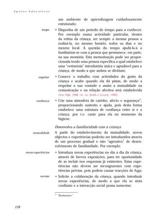 Apoios   Educativos


                                um ambiente de aprendizagem cuidadosamente
                                estruturado;
                  tempo    • Disponha de um período de tempo para a conhecer.
                             Por exemplo numa actividade particular, dentro
                             da rotina da criança, ser sempre a mesma pessoa a
                             realizá-la, no mesmo horário, todos os dias e no
                             mesmo local. A questão do tempo ajudá-la-á a
                             familiarizar-se com a pessoa que permanece, em parte,
                             na sua memória. Esta memorização pode ser propor-
                             cionada tendo uma pessoa específica a qual estabelece
                             uma “cerimónia” introdutória única e agradável para a
                             criança, de modo a que ambos se divirtam;
               respeitar   • Comece o trabalho com actividades do gosto da
                             criança e acabe quando ela dá pistas, de modo a
                             respeitar a sua vontade e assim a mutualidade na
                             comunicação e na relação afectiva será estabelecida
                                (Van Dijk, 1988, cit., in: Smith e Levack, 1996);

              confiança    • Crie uma atmosfera de carinho, afecto e segurança17,
                             proporcionando sustento e ajuda, pois desta forma
                             estabelece uma estrutura de confiança entre si e a
                             criança, por i.e. cante para ela no momento da
                             higiene.

                           Desenvolva a familiaridade com a criança
           mutualidade     A partir do estabelecimento da mutualidade, novos
                           objectos e experiências poderão ser introduzidos através
                           de um processo gradual e não “agressivo” de desen-
                           volvimento de familiaridade. Por exemplo:
      novas experiências   • Introduza novas experiências no dia a dia da criança,
                             através de breves exposições, para ter oportunidade
                             de as incluir nos esquemas já existentes. Estas expe-
                             riências não devem ser incongruentes com expe-
                             riências prévias, pois podem causar reacções de fuga;
                 sucesso   • Solicite a colaboração da criança, quando introduzir
                             novas experiências, de modo a que ela se sinta
                             confiante e a interacção social possa aumentar;

                           17
                                ”Nurturance”



128
 