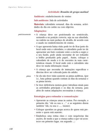 Apoios   Educativos


                                         Actividade: Reunião de grupo matinal

                           Ambiente: estabelecimento de ensino
                           Sub-ambiente: Sala de actividades
                           Materiais: calendário semanal, dias da semana, activi-
                           dades do dia em cartão ou com objectos
                           Adaptações:
         posicionamento    • A criança deve ser posicionada no semicírculo,
                             sentando-a na posição correcta, seja na sua almofada,
                             na cadeira ou num pedaço de alcatifa, de acordo com
                             o usado no estabelecimento de ensino.
                           • A que apresenta baixa visão pode ter de ficar junto do
                             local onde está o calendário, o calendário pode ter de
                             apresentar um forte contraste entre a escrita a negro e
                             o seu fundo, pode ainda necessitar de ser reduzido
                             o brilho produzido pelo papel... Assim, coloque o
                             calendário de modo a ir de encontro às suas carac-
                             terísticas visuais. O local onde está o calendário não
                             deve ter muita informação visual;
                           • A criança que necessita de instruções específicas e
                             directas deve ser colocada junto do adulto;
                  pistas   • Se ela não tiver visão aumente as pistas auditivas, (por
                             i.e., bata palmas quando contam os dias da semana) e
                             as pistas tácteis;
                           • Se tiver deficiência motora grave introduza sinais para
                             as actividades principais e os dias da semana, para
                             além de outras adaptações necessárias à criança;

                           Estratégias para estimular a comunicação:
                           • Apresente as crianças umas às outras. Por exemplo, a
                             primeira diz: “olá eu sou o ...” .e as seguintes dizem
                             também “olá, eu sou o ..... (nome);
                           • Coloque questões ao grupo acerca de quem está pre-
                             sente e quem está ausente;
                           • Estabeleça uma rotina clara e com sequências das
                             acções, de modo a que a criança saiba o que vai acon-
                             tecer em primeiro lugar, em segundo ...;


140
 
