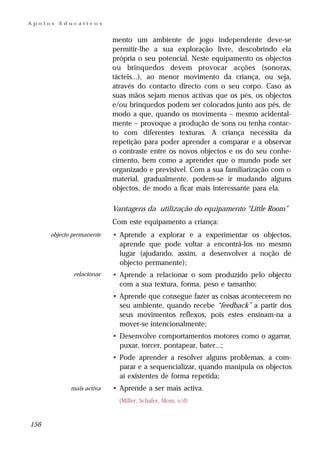 Apoios   Educativos


                           mento um ambiente de jogo independente deve-se
                           permitir-lhe a sua exploração livre, descobrindo ela
                           própria o seu potencial. Neste equipamento os objectos
                           ou brinquedos devem provocar acções (sonoras,
                           tácteis...), ao menor movimento da criança, ou seja,
                           através do contacto directo com o seu corpo. Caso as
                           suas mãos sejam menos activas que os pés, os objectos
                           e/ou brinquedos podem ser colocados junto aos pés, de
                           modo a que, quando os movimenta – mesmo acidental-
                           mente – provoque a produção de sons ou tenha contac-
                           to com diferentes texturas. A criança necessita da
                           repetição para poder aprender a comparar e a observar
                           o contraste entre os novos objectos e os do seu conhe-
                           cimento, bem como a aprender que o mundo pode ser
                           organizado e previsível. Com a sua familiarização com o
                           material, gradualmente, podem-se ir mudando alguns
                           objectos, de modo a ficar mais interessante para ela.

                           Vantagens da utilização do equipamento “Little Room”
                           Com este equipamento a criança:
      objecto permanente   • Aprende a explorar e a experimentar os objectos,
                             aprende que pode voltar a encontrá-los no mesmo
                             lugar (ajudando, assim, a desenvolver a noção de
                             objecto permanente);
              relacionar   • Aprende a relacionar o som produzido pelo objecto
                             com a sua textura, forma, peso e tamanho;
                           • Aprende que consegue fazer as coisas acontecerem no
                             seu ambiente, quando recebe “feedback” a partir dos
                             seus movimentos reflexos, pois estes ensinam-na a
                             mover-se intencionalmente;
                           • Desenvolve comportamentos motores como o agarrar,
                             puxar, torcer, pontapear, bater...;
                           • Pode aprender a resolver alguns problemas, a com-
                             parar e a sequencializar, quando manipula os objectos
                             aí existentes de forma repetida;
             mais activa   • Aprende a ser mais activa.
                             (Miller, Schafer, Moss, s/d)



156
 