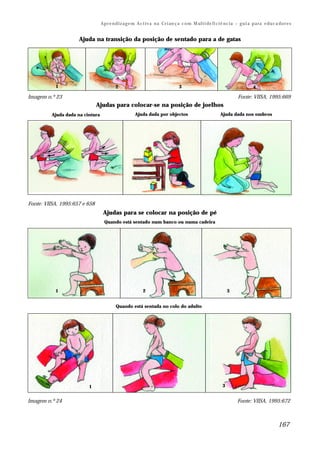 Ap r e n d i z a g e m A c t i v a n a Cr i an ç a c o m M ul t i de fi ci ê nc i a – g u i a p a ra e du c a do r e s


                     Ajuda na transição da posição de sentado para a de gatas




           1                              2                                      3                                             4

Imagem n.º 23                                                                                                         Fonte: VIISA, 1995:669
                               Ajudas para colocar-se na posição de joelhos
         Ajuda dada na cintura                        Ajuda dada por objectos                              Ajuda dada nos ombros




Fonte: VIISA, 1995:657 e 658
                                  Ajudas para se colocar na posição de pé
                                   Quando está sentado num banco ou numa cadeira




           1                                               2                                                    3


                                          Quando está sentada no colo do adulto




                         1                                                           2                      3


Imagem n.º 24                                                                                                        Fonte: VIISA, 1995:672



                                                                                                                                               167
 