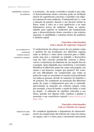 Apoios    Educativos


  estabilidade e estrutura    e as funções... de modo a entender o mundo à sua volta.
             do ambiente      O desenvolvimento destes conceitos pode ser facilitado
                              através de experiências concretas e repetidas com objec-
                              tos naturais do meio ambiente. Continuando por i.e. com
                              a situação do passeio, durante o seu decurso cheirar as
                              flores, sentir a relva ou a erva ajudá-la-ão a ter mais
                              informações acerca do ambiente. Assim, as oportu-
                              nidades para explorar os ambientes são fundamentais
                              para o desenvolvimento destes conceitos e das relações
                              espaciais. A estabilidade e estrutura dentro do ambiente
                              é também capital.

                                                          Conceitos relacionados
                                                com a noção de esquema corporal

         ser consistente na   O conhecimento da criança acerca do seu próprio corpo
                nomeação      e também da sua localização nos diferentes espaços
          contexto natural    onde se desloca é outro factor essencial para a O&M.,
      consciência corporal    sendo uma área a estimular no trabalho a desenvolver
                              com ela. Este conceito permite-lhe começar a desen-
                              volver a consciência da existência de um mundo fora de
                              si própria. Após adquirida essa consciência, é necessário
                              identificar as diferentes partes do corpo nela própria, nos
                              outros e nos bonecos, sempre que possível. Por vezes,
                              ela tem dificuldades em compreender que todas as
                              partes do corpo se encontram no mesmo local posicional
                              em todas as pessoas, devido às variações de tamanho e
                              de posições. Ser consistente na nomeação das diferentes
                              partes do corpo é indispensável para não a confundir,
                              aproveitando as situações em contexto natural, como
                              por exemplo, a hora do banho, a muda de fralda, o vestir
                              ou despir... A utilização de espelhos colocados à sua
                              altura, quando tem alguma visão, também a ajudará a
                              aumentar a sua consciência corporal (Perkins School for the
                              Blind, 1992).


                                                            Conceitos relacionados
                                                         com as relações no espaço

         relações do corpo    De considerar igualmente a importância do desenvolvi-
                no espaço     mento da compreensão das relações do corpo da criança
                              no espaço, esta é a chave para o movimento intencional


174
 