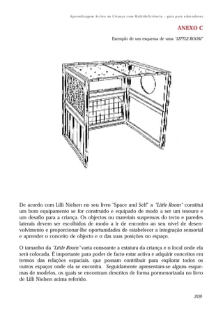A p r e n d i z a ge m A c t i v a na C r i an ç a c o m M ul t i de f i ci ê nc i a – g u i a p a ra e du c a do r e s


                                                                                                                       ANEXO C
                                                            Exemplo de um esquema de uma “LITTLE ROOM”




De acordo com Lilli Nielsen no seu livro "Space and Self" a "Little Room" constitui
um bom equipamento se for construído e equipado de modo a ser um tesouro e
um desafio para a criança. Os objectos ou materiais suspensos do tecto e paredes
laterais devem ser escolhidos de modo a ir de encontro ao seu nível de desen-
volvimento e proporcionar-lhe oportunidades de estabelecer a integração sensorial
e aprender o conceito de objecto e o das suas posições no espaço.

O tamanho da "Little Room” varia consoante a estatura da criança e o local onde ela
será colocada. É importante para poder de facto estar activa e adquirir conceitos em
termos das relações espaciais, que possam contribuir para explorar todos os
outros espaços onde ela se encontra. Seguidamente apresentam-se alguns esque-
mas de modelos, os quais se encontram descritos de forma pormenorizada no livro
de Lilli Nielsen acima referido.


                                                                                                                                     209
 